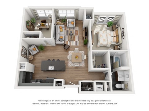 Floor plan for 1 bed, 1 bath, 963 sqft